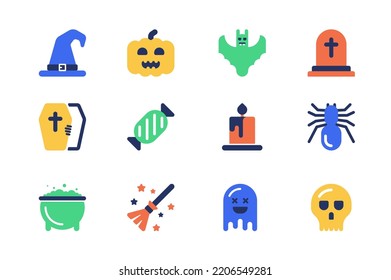 Halloween concept of web icons set in simple flat design. Pack of witch hat, pumpkin, bat, gravestone, cemetery, coffin, candy, candle, spider, ghost, skull and other. Vector pictograms for mobile app