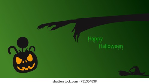 Halloween concept , Witch holds out her arm to grab candy in pumpkin basket silhouette vector illustration background.