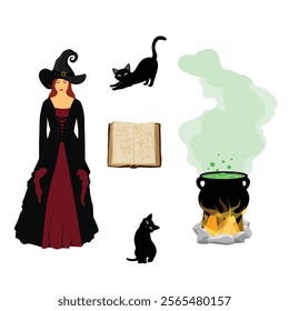 Halloween concept. Witch, old ancient spell book, witch cauldron with green poison and black cat isolated on white background. Vector