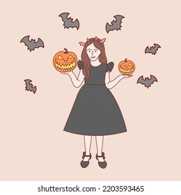 Halloween concept. Young woman dressed in halloween fashion. Hand drawn style vector illustrations.