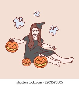 Halloween concept. Young woman dressed in halloween fashion. Hand drawn style vector illustrations.