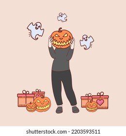Halloween concept. Young woman dressed in halloween fashion. Hand drawn style vector illustrations.
