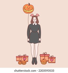 Halloween concept. Young woman dressed in halloween fashion. Hand drawn style vector illustrations.