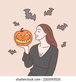 Halloween concept. Young woman dressed in halloween fashion. Hand drawn style vector illustrations.