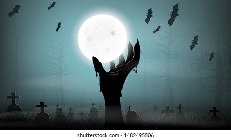 Halloween concept, zombie hand holding moon in scary background