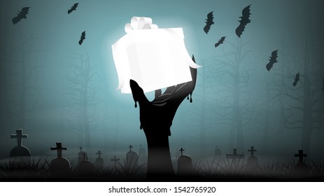 Halloween concept, zombie hand holding giftbox in scary background