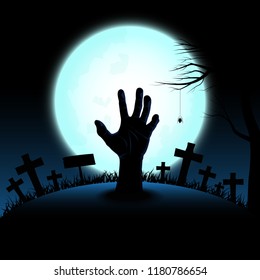 Halloween concept with zombie hand rising out from the ground in full moon night background, Vector illustration