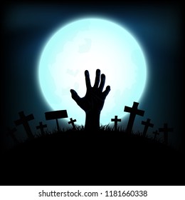 Halloween concept with zombie hand rising out from the ground in full moon night background, Vector illustration