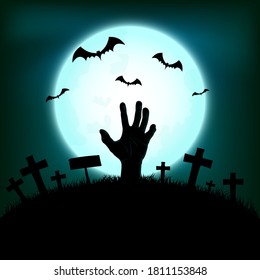 Halloween concept with zombie hand rising out from the ground and bat in full moon night background, Vector illustration