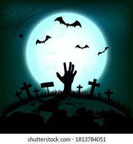 Halloween concept with zombie hand rising out from the ground of earth with bat and spider in full moon night background, Vector illustration