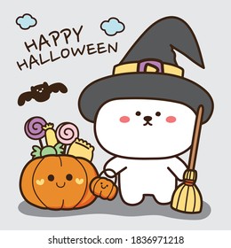 Halloween concept.Cute bear witch cartoon on white background.Pumpkin,candy,bat hand drawn.Vector.Illustration.