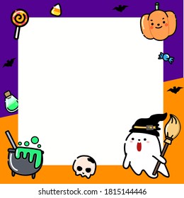 Concepto de Halloween. lindo dibujo de diseño plano vacaciones color morado y naranja fondo para banner, notepad. Ilustración vectorial. tarjeta linda con marco cuadrado.