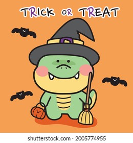 Halloween concept.Cute crocodile witch with bat cartoon on orange background.Animal character design.Kid graphic.Image for card,sticker,poster,print screen.Festival.Vector.Illustration.