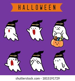 halloween concept.cute ghost flat design character on purple background.vector illustion.