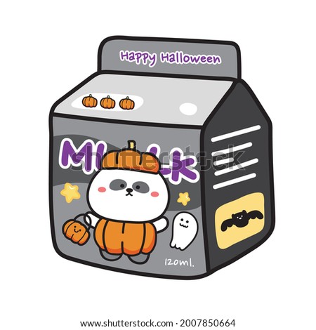 Halloween concept.Cute panda bear in pumpkin costume on milk box cartoon.Image for sticker,baby product,decoration,card,screen,background.Animal character design.Kawaii.Isolated.Vector.Illustration.