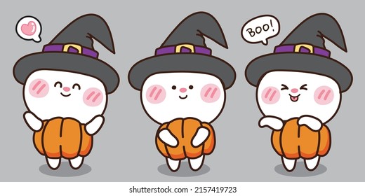 Halloween concept.Cute rabbit wear pumpkin and witch hat on gray background.Set of animal cartoon isolated.Kawaii baby bunny.Image for card,sticker,card party,baby product.Vector.Illustration.