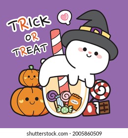 Halloween concept.Cute rabbit witch on candy bubble milk tea cup cartoon.Character animal design.Kid graphic.Isolated.Image.Art.Sticker.Isolated.Vector.Illutration.Illustrator.