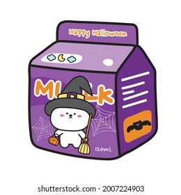Halloween concept.Cute rabbit witch on milk box on white background.Image for sticker,baby product,decoration.Animal character design.Kawaii.Isolated.Vector.Illustration.