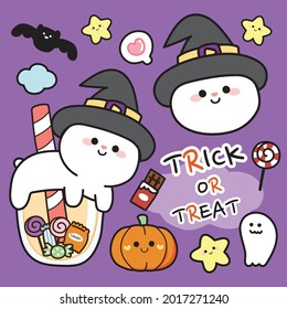 Halloween concept.Cute rabbit witch,candy bubble milk tea cup,bat,star,candy,ghost cartoon.Character animal design.Kid graphic.Isolated.Image.Art.Sticker.Isolated.Vector.Illutration.Illustrator.