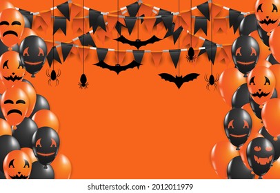 Halloween concept,Orange and black balloons decorate a ghost face on an orange background,orange and black party flags,silhouettes of bats and spiders,

