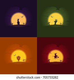 Halloween Concepts, Set of vector illustration 4 variation with purple cat, green zombie hand, orange pumpkin scarecrow and red witch