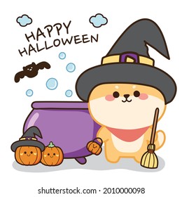 Halloween concept.Shiba inu dog witch with poison pot and pumpkin cartoon.Cute animal character desing.Image for sticker,banner,card,poster,print screen.Art.Baby graphic..Kawaii.Vector.Illustration