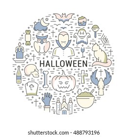 Halloween concept.Template invitation. Symbols isolated on background. Web banner Halloween party, vector label or emblem.