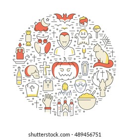 Halloween concept.Template invitation. Symbols isolated on background. Web banner Halloween party, vector label or emblem.