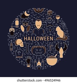 Halloween concept.Template invitation. Symbols isolated on background. Web banner Halloween party, vector label or emblem.