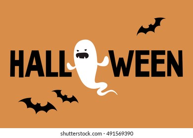 Halloween conceptual sign: Evil ghost and black silhouettes of bats / Flat editable vector illustration