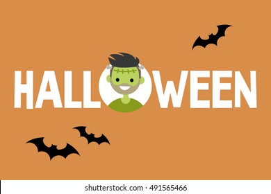 Halloween conceptual sign: Frankenstein and black silhouettes of bats / Flat editable vector illustration