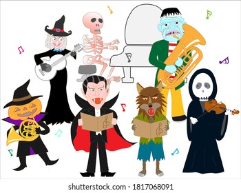 Halloween concert. Jack-o'-lanterns, witches, Frankenstein, grim reaper, werewolves, skeletons, and Dracula are celebrating Halloween by playing musical instruments and singing songs.