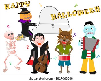 Halloween concert.Witches, Frankenstein,werewolves, skeletons, and Dracula are celebrating Halloween by playing musical instruments and singing songs.