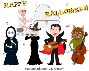 Halloween concert.Witches, grim reaper, werewolves, skeletons, and Dracula are celebrating Halloween by playing musical instruments and singing songs.