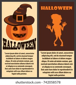Halloween congratulation scary colorful poster with smiling pumpkin in hat and silhouette of horribly monster. Vector illustration with horror festival banner