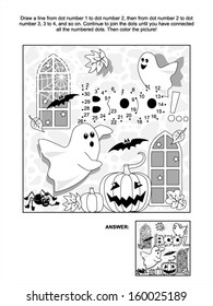 Halloween connect the dots picture puzzle and coloring page with playful ghosts, bats, pumpkins. Answer included. For high res JPEG or TIFF see image 160025186
