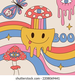 Halloween conposition and emoticon and an explosion in the head in the form rainbow psychedelic mushroom  groovy 70s style hand drawn vector illustration  Boo