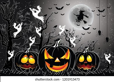 Halloween consept with use elements horror pupkins, trees, ghost on night and moon to background. Halloween vector