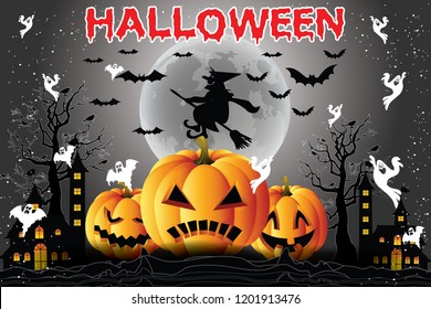 Halloween consept with use elements horror pupkins, trees, ghost on night and moon to background. Halloween vector