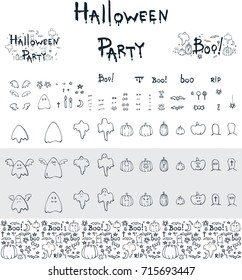 Halloween constructor, hand drawn linear cartoon objects