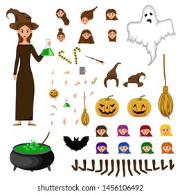 Halloween constructor set of female characters. Girl with holiday attributes. Vector illustration