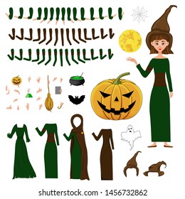 Halloween constructor set of female characters. Girl with holiday attributes. Vector illustration