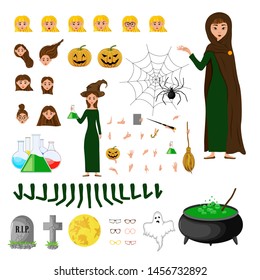 Halloween constructor set of female characters. Girl with holiday attributes. Vector illustration