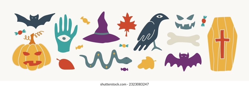 Halloween contemporary trendy vector illustrations set. Hand drawn modern colorful elements collection. Bats, pumpkin, snake, coffin, raven and candies. Autumn holiday bundle with isolated items