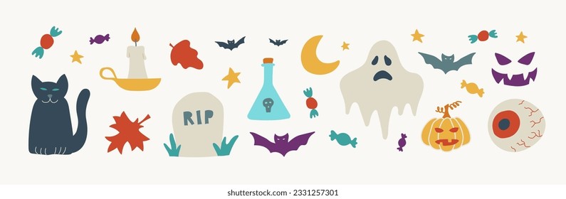 Halloween contemporary trendy vector illustrations set. Hand drawn modern colorful elements collection. Cat, bats, pumpkin, ghost, tombstone and candies. Autumn holiday bundle with isolated items