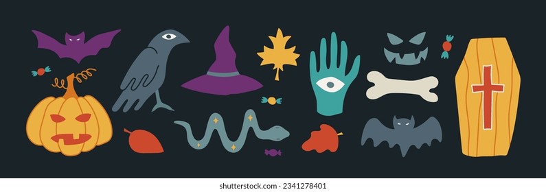 Halloween contemporary trendy vector illustrations set. Hand drawn modern colorful elements collection. Bats, pumpkin, snake, coffin, raven and candies. Autumn holiday bundle with isolated items