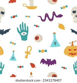 Halloween contemporary trendy vector illustrations seamless pattern. Hand drawn modern colorful elements background with pumpkin, skulls, flask, snake, bat and candies. Autumn holiday wallpaper