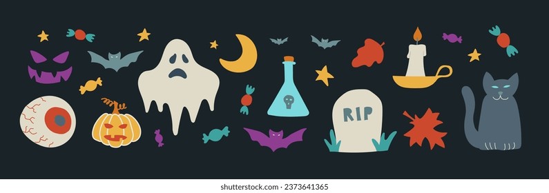 Halloween contemporary trendy vector illustrations set. Hand drawn modern colorful elements collection. Cat, bats, pumpkin, ghost, tombstone and candies. Autumn holiday bundle with isolated items