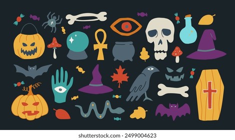 Halloween contemporary trendy vector illustrations set. Hand drawn modern naive colorful elements collection. Skull, pumpkin, spider, cauldron and candies. Autumn holiday bundle with isolated items