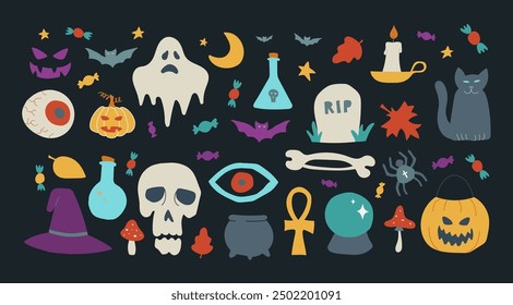 Halloween contemporary trendy vector illustrations set. Hand drawn modern naive colorful elements collection. Skull, pumpkin, ghost, cauldron and candies. Autumn holiday bundle with isolated items